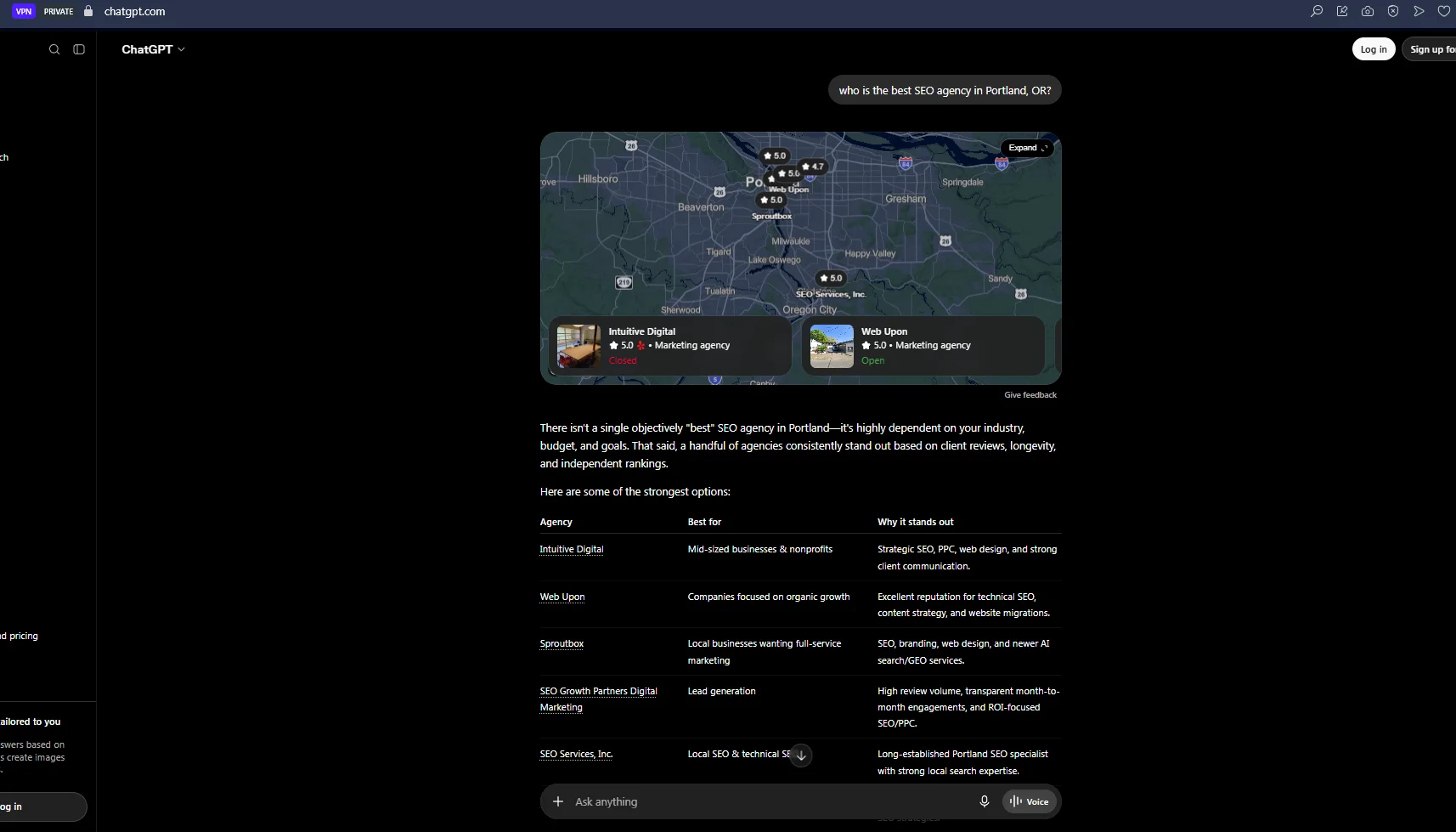 Control prompt test for a local AI visibility query in Portland